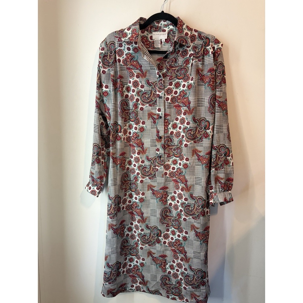Vintage Schrader Gingham & Paisley‎ Print Shift Long Sleeve Midi Dress Size 10